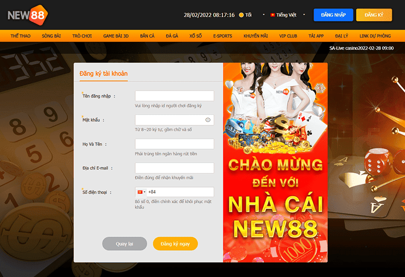 Các bước đăng ký New88 trên web